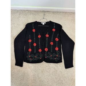 Lise J Women's Vintage Beaded Ugly Christmas Sweater Cardigan Poinsetta Size L